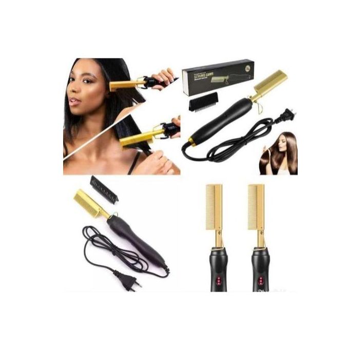 Hot Comb, Electric Hot Comb Hair Straightener For Wigs, Professional Ceramic High Heat Press Comb, Multifunctional Copper Hair Curler, Portable Anti-Scald Beard Straightener- Gold
