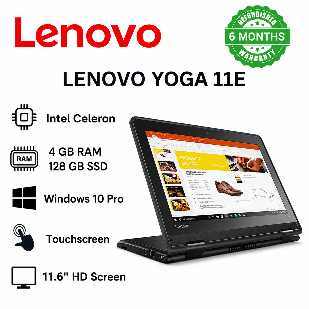 [OFFER] Lenovo Yoga 11e 2-in-1 Touchscreen x360 Laptop (Refurbished) 4GB RAM 128GB SSD 11.6 Inch Windows 11 Pro - Black + FREE MOUSE & WARRANTY