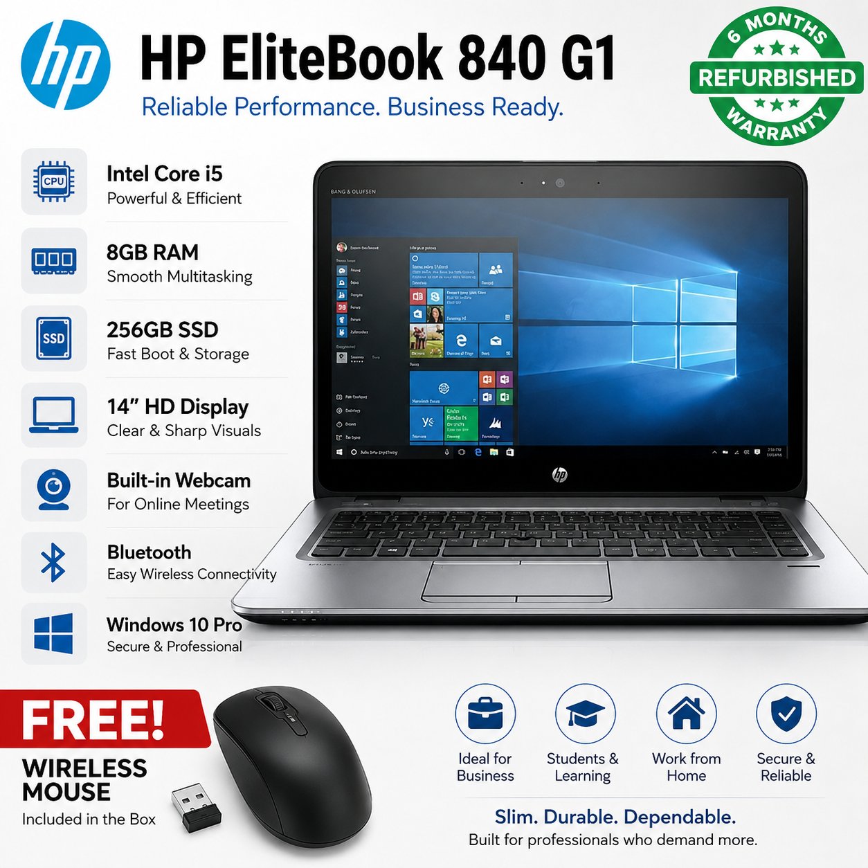 HP EliteBook 840 G1 Core i5 8GB RAM 256GB HDD 14" Windows 10 Pro Refurbished Laptop Webcam Bluetooth + Free Wireless Mouse