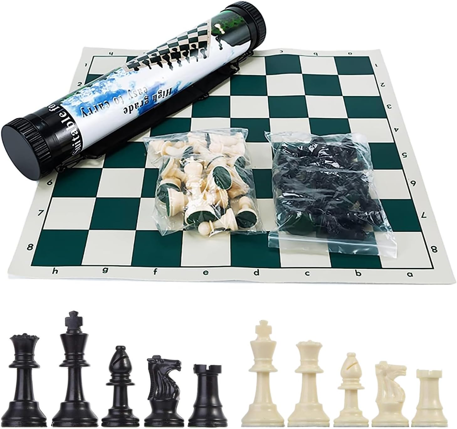 MEDIUM Portable Tournament Chess Board Game Mat – Foldable Roll‑Up Chess Board with Staunton Pieces & Free Carrier Bag for Travel & Tournament Play