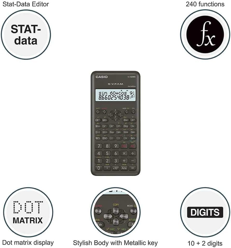 Casio FX-82MS Pocket Scientific Calculator Black Calculator – Calculator (Pocket, Scientific Calculator, 12 Digits, 2 Lines, Battery/Battery, Black)