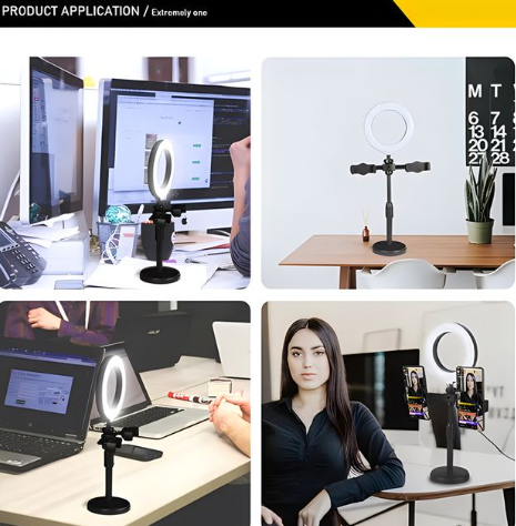 RichRipple 6-inch LED Selfie Ring Light - Desktop Stand with Dual Phone Holders, 3 Dimmable Light Modes & Adjustable Height for TikTok, YouTube Live Streaming, and Makeup