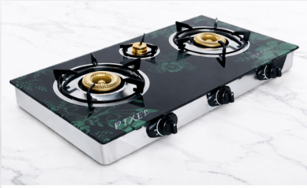 Pixel 3 Burner Tempered Glass Gas Stove With Automatic Ignition -Black