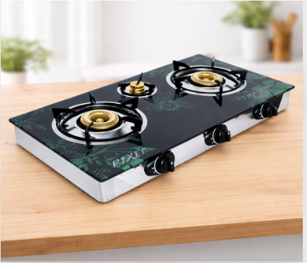 Pixel 3 Burner Tempered Glass Gas Stove With Automatic Ignition -Black