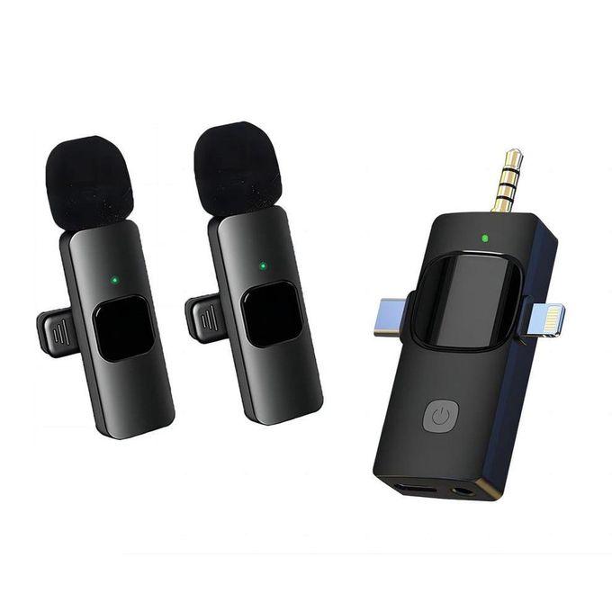 3 in 1 Wireless Microphone, Noise Cancellation Lapel Wireless Mic for Youtubers, Video Recording, Facebook, Compatible for Type-C Android/iPhone/Cameras/Laptop Dual Channel Version - Black