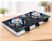 Pixel 3 Burner Tempered Glass Gas Stove With Automatic Ignition -Black