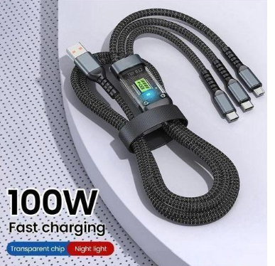 100W Fast Charging Cable Multi Charger Cable Nylon Universal 3 in 1 Charging Cord Adapter with Type-C Micro USB Port Connectors.