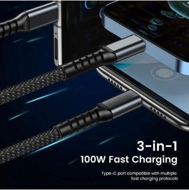 100W Fast Charging Cable Multi Charger Cable Nylon Universal 3 in 1 Charging Cord Adapter with Type-C Micro USB Port Connectors.