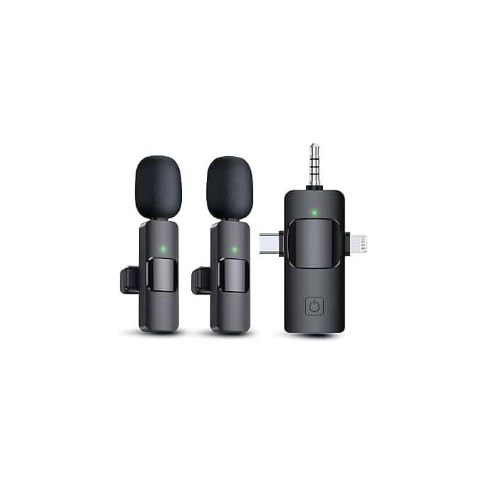 3 in 1 Wireless Microphone, Noise Cancellation Lapel Wireless Mic for Youtubers, Video Recording, Facebook, Compatible for Type-C Android/iPhone/Cameras/Laptop Dual Channel Version - Black