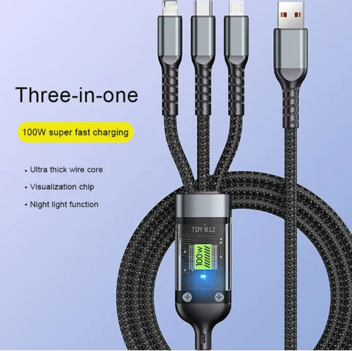 100W Fast Charging Cable Multi Charger Cable Nylon Universal 3 in 1 Charging Cord Adapter with Type-C Micro USB Port Connectors.