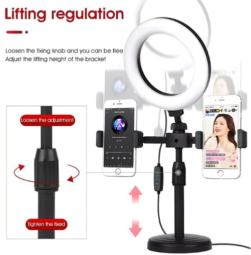 RichRipple 6-inch LED Selfie Ring Light - Desktop Stand with Dual Phone Holders, 3 Dimmable Light Modes & Adjustable Height for TikTok, YouTube Live Streaming, and Makeup