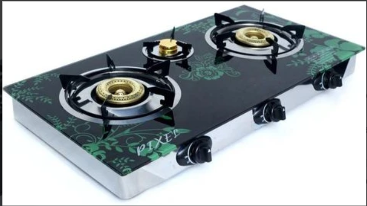 Pixel 3 Burner Tempered Glass Gas Stove With Automatic Ignition -Black