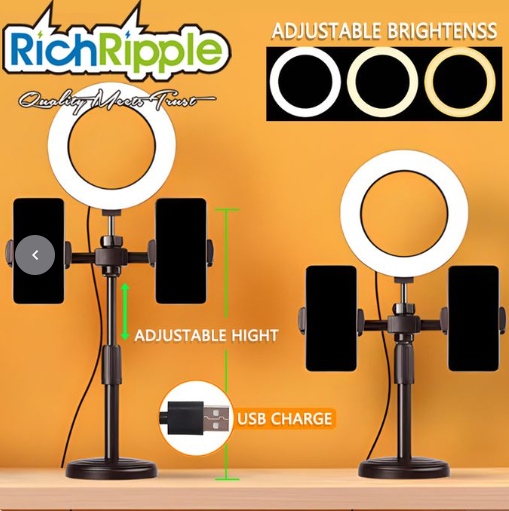 RichRipple 6-inch LED Selfie Ring Light - Desktop Stand with Dual Phone Holders, 3 Dimmable Light Modes & Adjustable Height for TikTok, YouTube Live Streaming, and Makeup