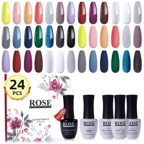 Rose Gel Polish Starter Manicure - Gel Nail Polish Kit with UV Light 7 Colors Hot Pink Turquoise Blue Neon Yellow Soak off Nail Gel Polish Set Eggshell Matte Top Coat Base DIY Home