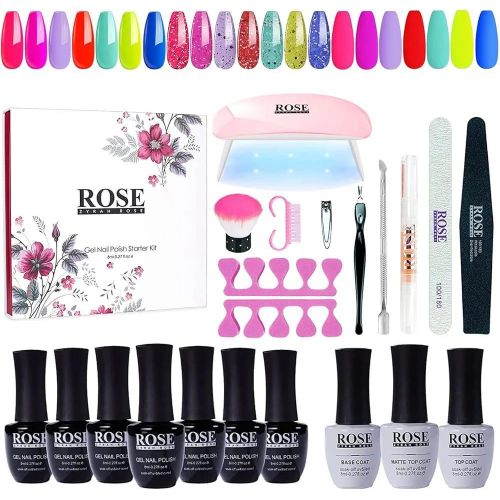 Rose Gel Polish Starter Manicure - Gel Nail Polish Kit with UV Light 7 Colors Hot Pink Turquoise Blue Neon Yellow Soak off Nail Gel Polish Set Eggshell Matte Top Coat Base DIY Home