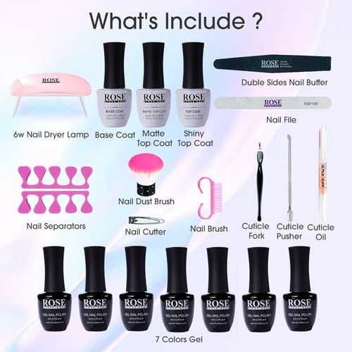 Rose Gel Polish Starter Manicure - Gel Nail Polish Kit with UV Light 7 Colors Hot Pink Turquoise Blue Neon Yellow Soak off Nail Gel Polish Set Eggshell Matte Top Coat Base DIY Home