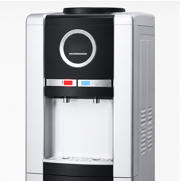 ADH 2-Tap Hot & Cold Water Dispenser with Storage Cabinet – Silver & Black | Freestanding Water Cooler with Hot & Cold Water Function | 1-Year Warranty.