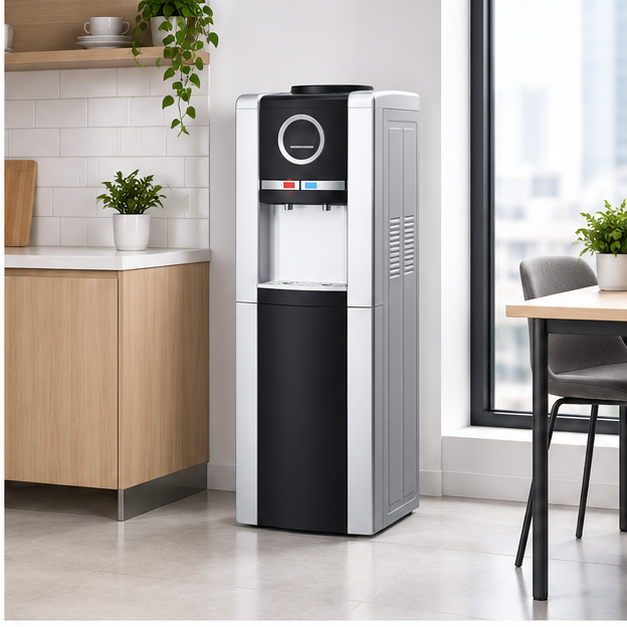 ADH 2-Tap Hot & Cold Water Dispenser with Storage Cabinet – Silver & Black | Freestanding Water Cooler with Hot & Cold Water Function | 1-Year Warranty.