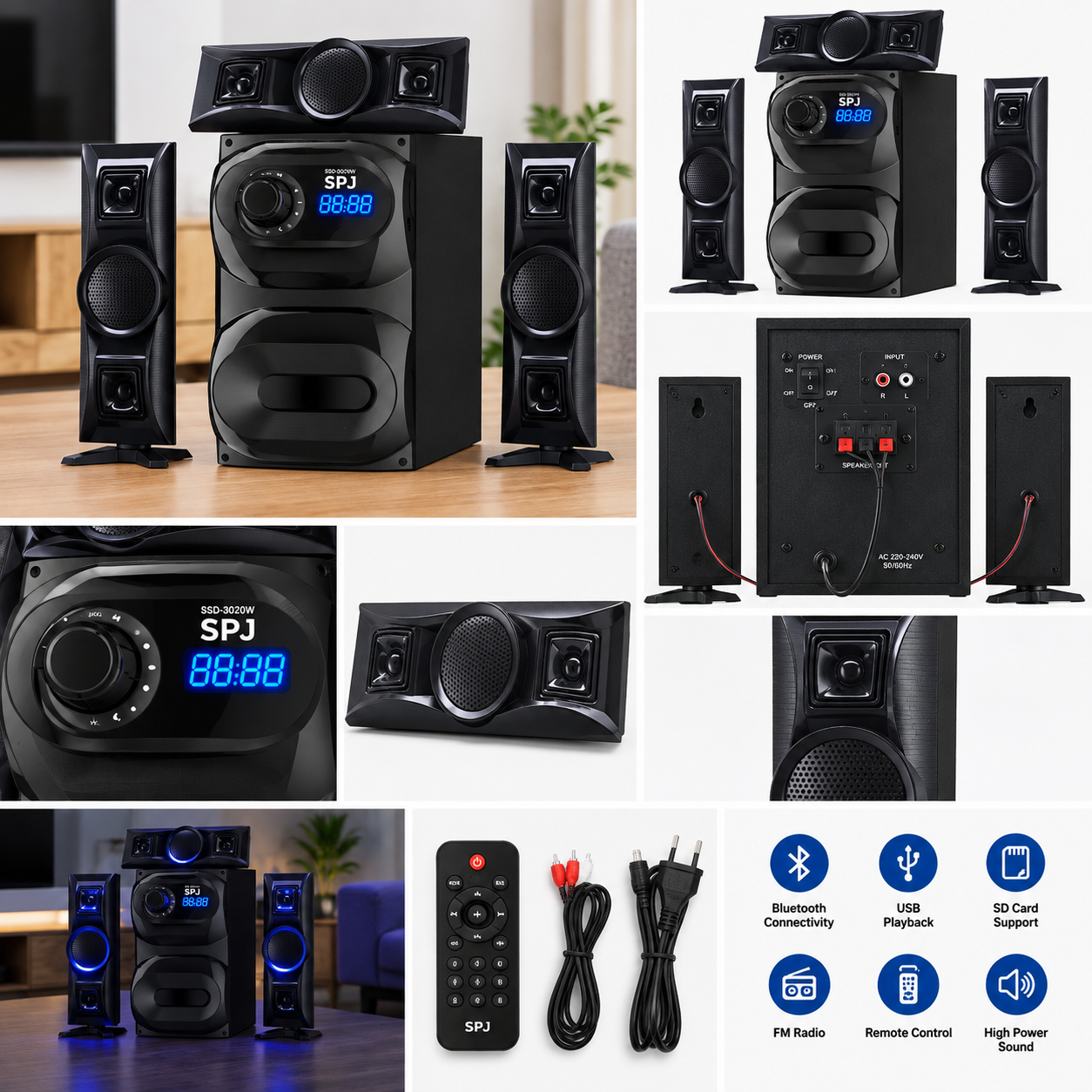 SPJ 3.1 Channel Multimedia Bluetooth Home Audio System with Subwoofer, FM Radio & SD Card Support – Black