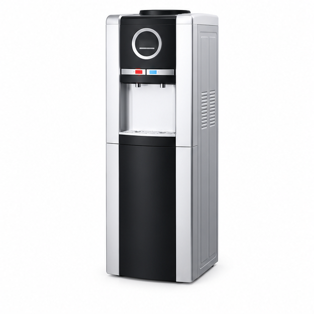 ADH 2-Tap Hot & Cold Water Dispenser with Storage Cabinet – Silver & Black | Freestanding Water Cooler with Hot & Cold Water Function | 1-Year Warranty.