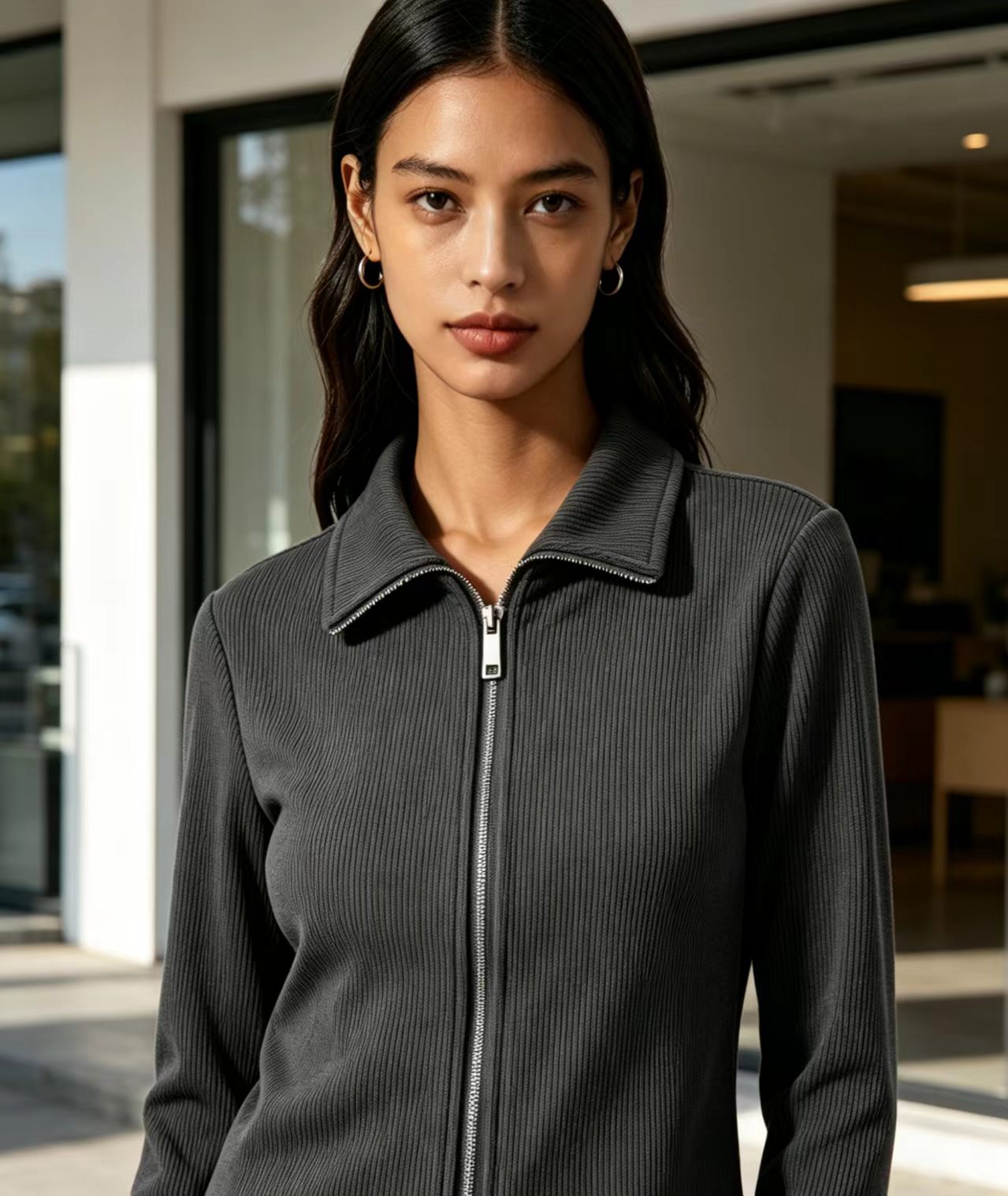 Trendy Women's Cardigan - Tranquil Gray Zipper Knit Top - Soft Elastic Long Sleeve - Stylish Casual Office Wear - M560