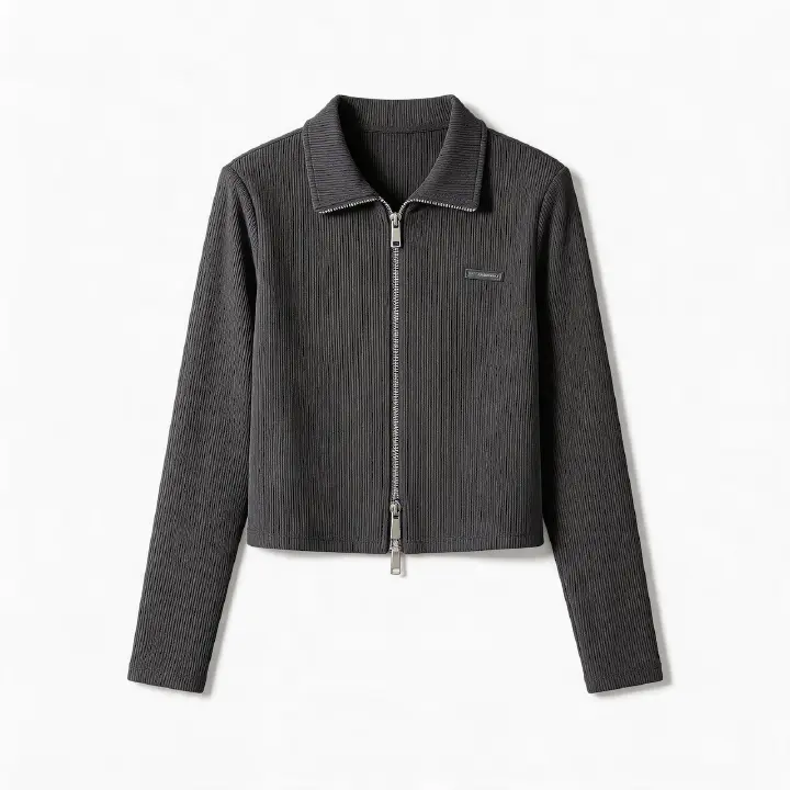Trendy Women's Cardigan - Tranquil Gray Zipper Knit Top - Soft Elastic Long Sleeve - Stylish Casual Office Wear - M560