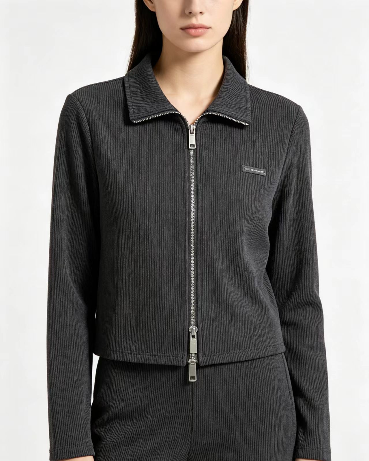 Trendy Women's Cardigan - Tranquil Gray Zipper Knit Top - Soft Elastic Long Sleeve - Stylish Casual Office Wear - M560