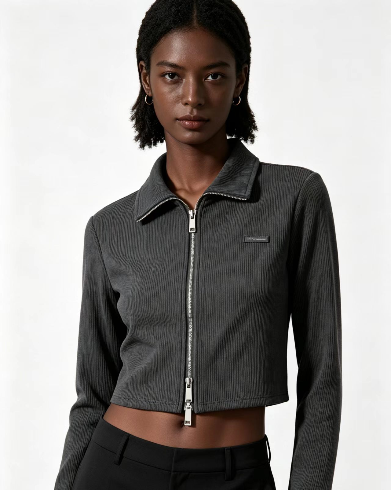 Trendy Women's Cardigan - Tranquil Gray Zipper Knit Top - Soft Elastic Long Sleeve - Stylish Casual Office Wear - M560