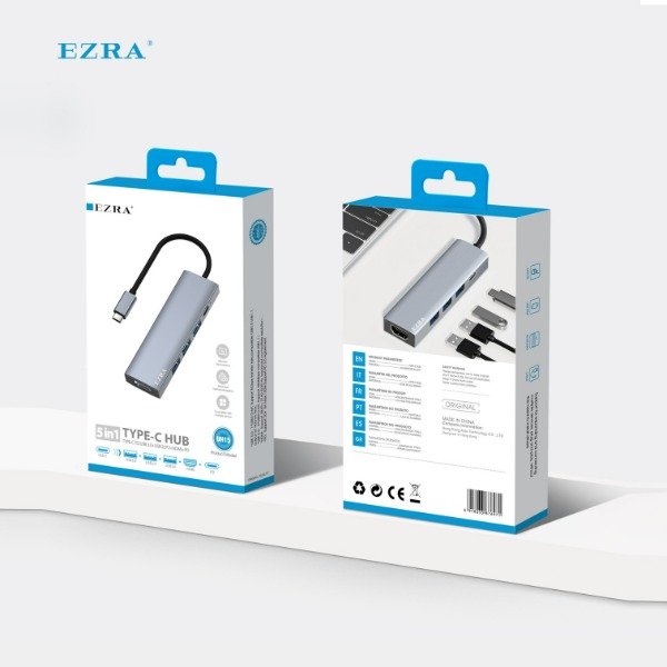 EZRA UH15 5-in-1 Type-C USB Hub – 4K HDMI, 100W PD Fast Charging, USB 3.0 & USB 2.0 – Premium Aluminum Multiport Adapter for Laptops & Smartphones