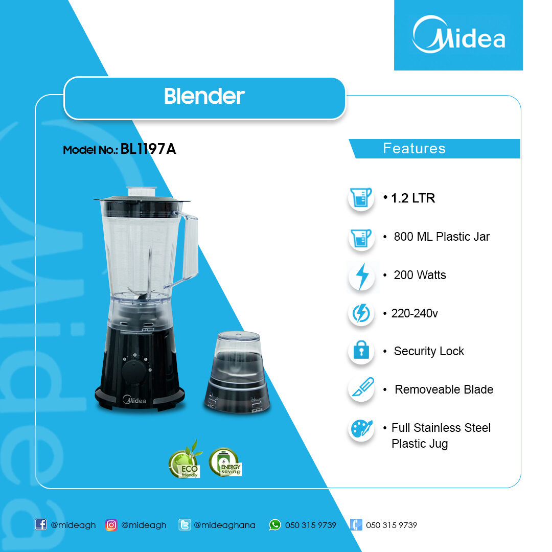 Midea 3000 Series Blender & Grinder (BL1197A) – 600W High-Performance Motor, 1.5L BPA-Free Jug, Stainless Steel Blades & Pulse Control – Black Finish