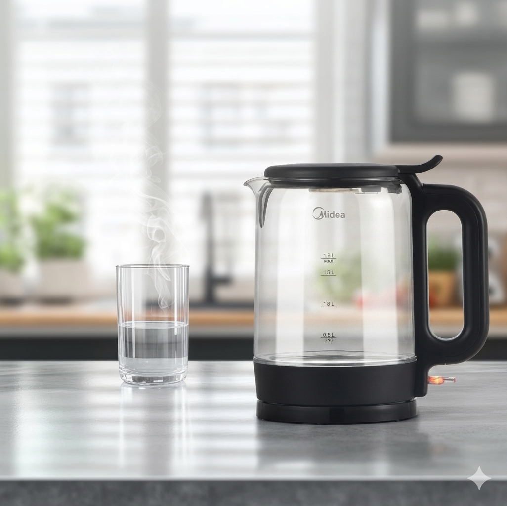 Midea 1.7L Premium Glass Electric Kettle | Model MK17606A2M | Rapid-Boil 2200W Technology | Elegant Blue LED Illumination & Heat-Resistant Borosilicate Glass Design