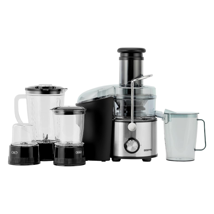 Geepas 800W 4-in-1 Heavy Duty Blender & Juice Extractor System – Professional Stainless Steel Kitchen Food Processor with Multi-Jar Attachments for Blending, Juicing, Grinding & Chopping GSB44016