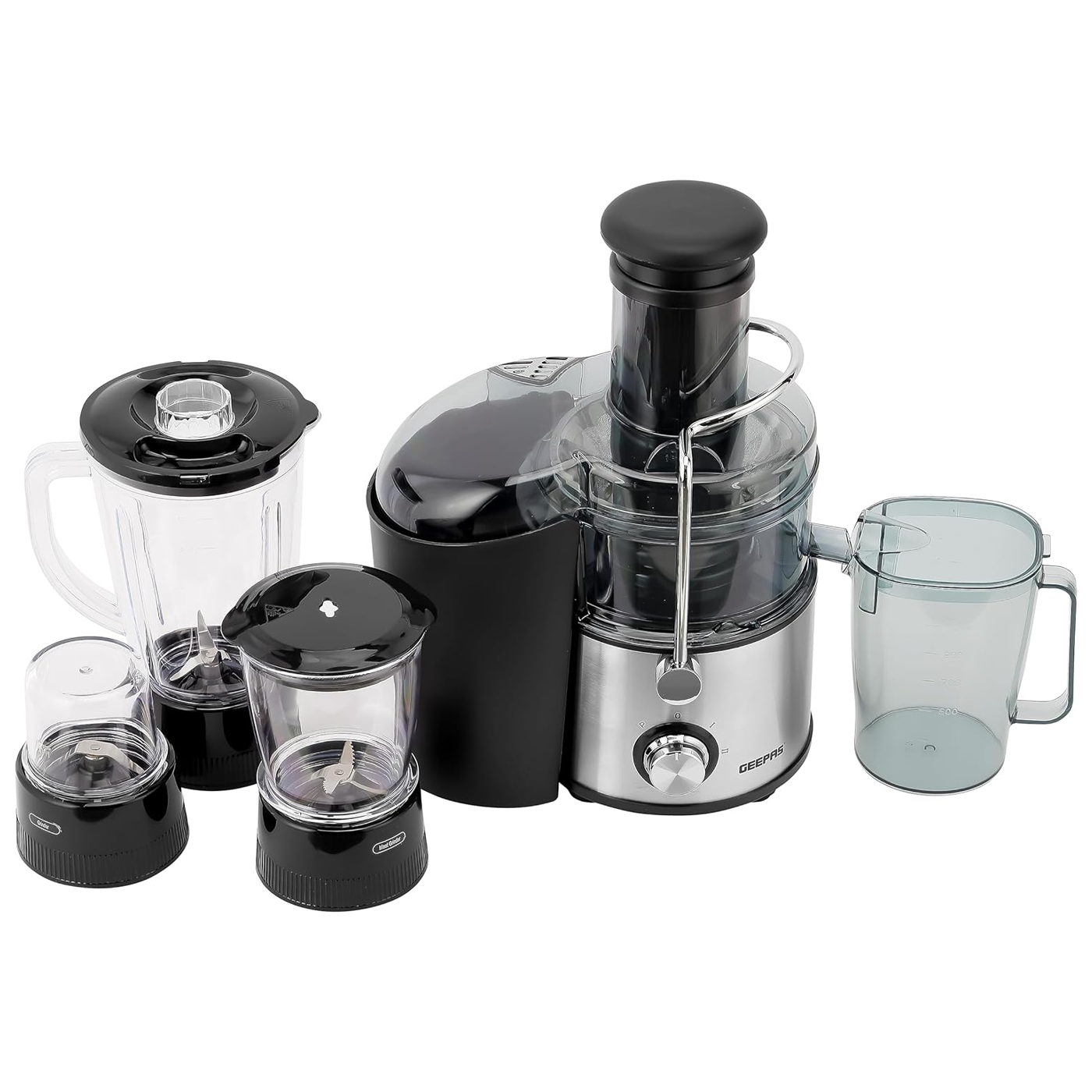 Geepas 800W 4-in-1 Heavy Duty Blender & Juice Extractor System – Professional Stainless Steel Kitchen Food Processor with Multi-Jar Attachments for Blending, Juicing, Grinding & Chopping GSB44016
