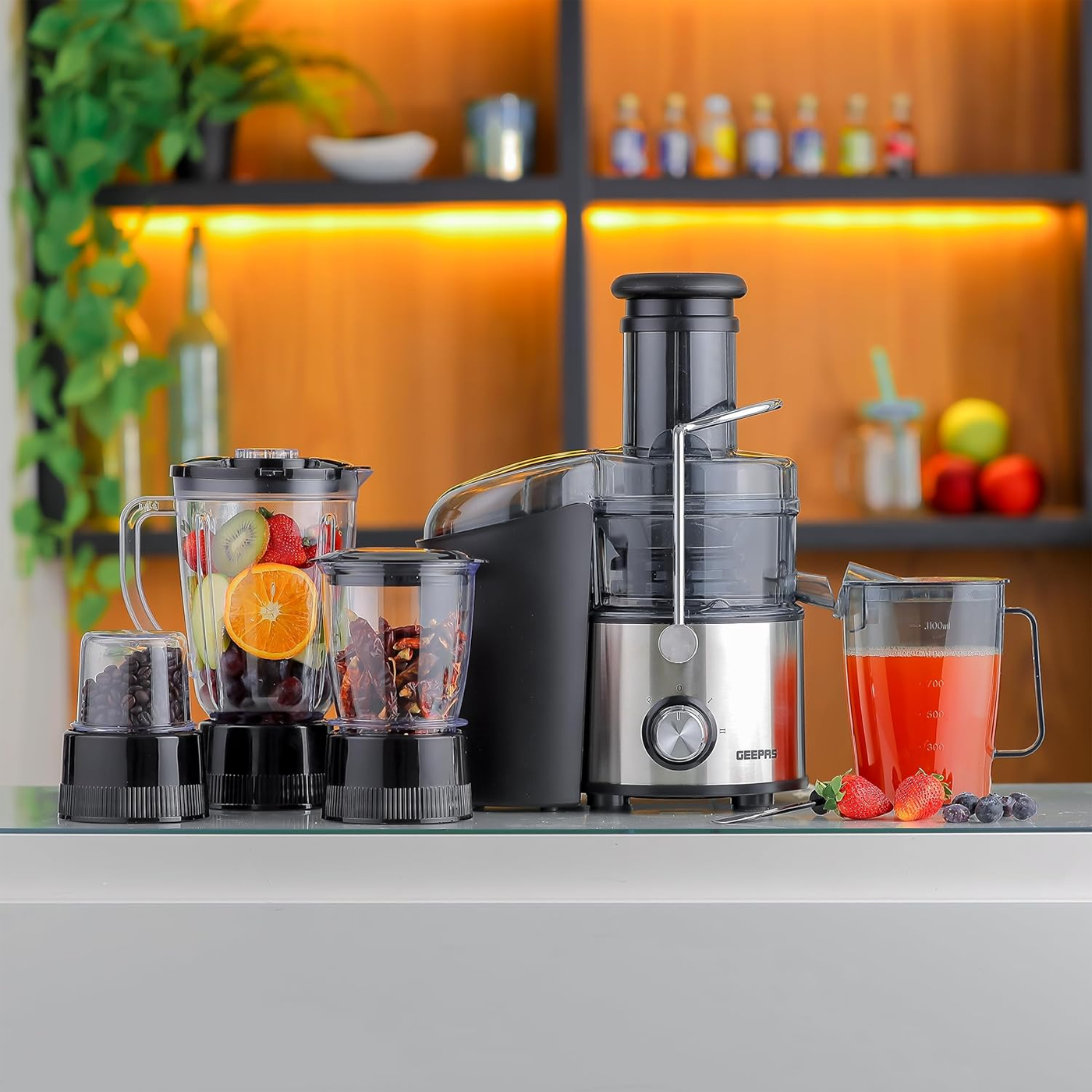 Geepas 800W 4-in-1 Heavy Duty Blender & Juice Extractor System – Professional Stainless Steel Kitchen Food Processor with Multi-Jar Attachments for Blending, Juicing, Grinding & Chopping GSB44016