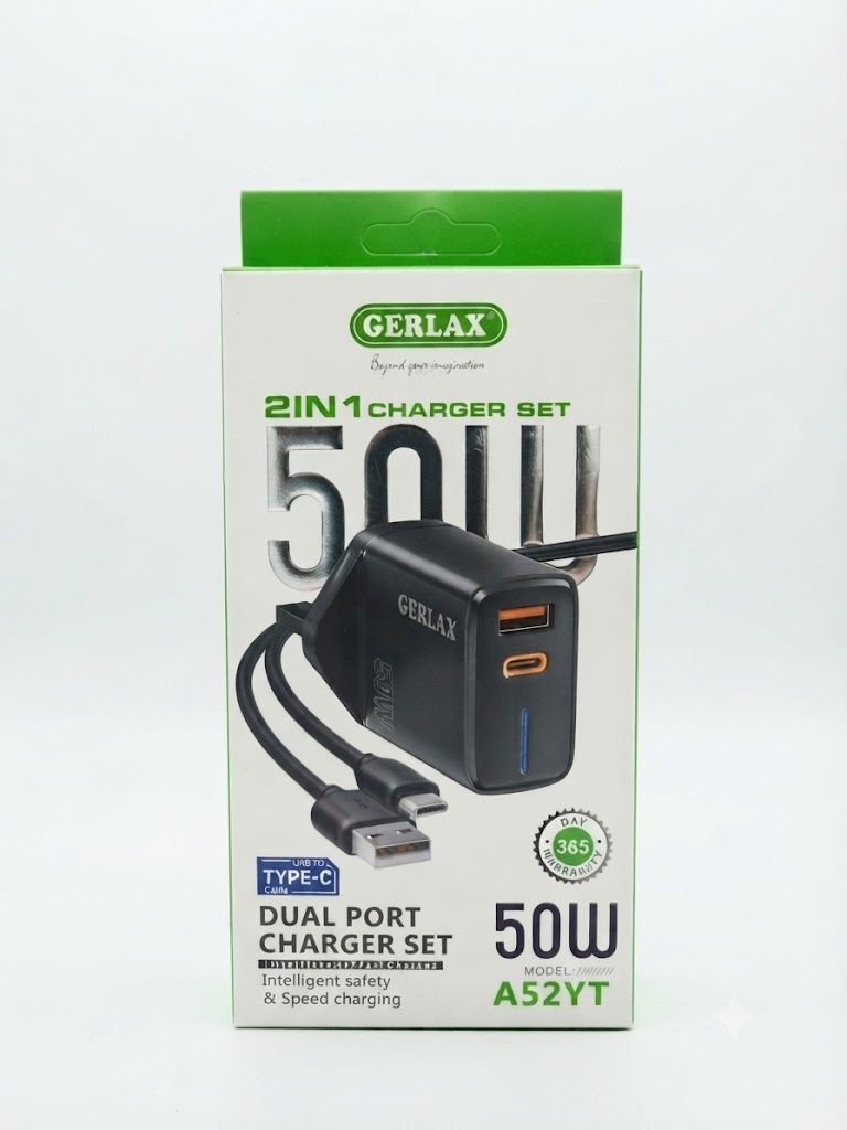 GERLAX A52YT 50W Fast Wall Charger Set | Dual Port (USB + Type-C) Intelligent Safety & Speed Charging