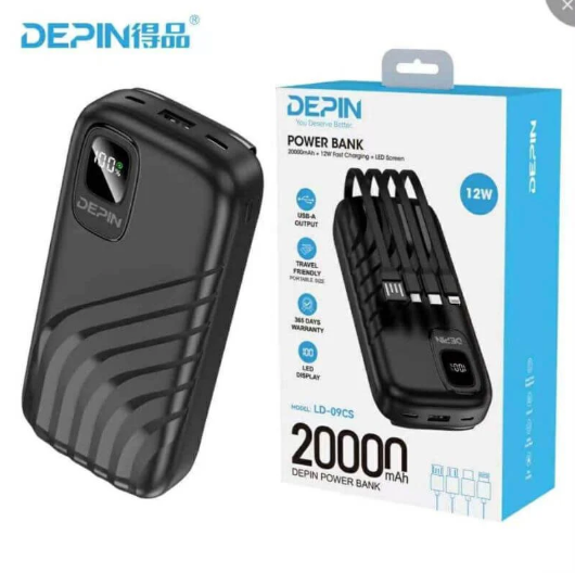 DEPIN 20000mAh Power Bank (LD-15S1) - Integrated Cables, LED Battery Indicator, Ultra-Compact