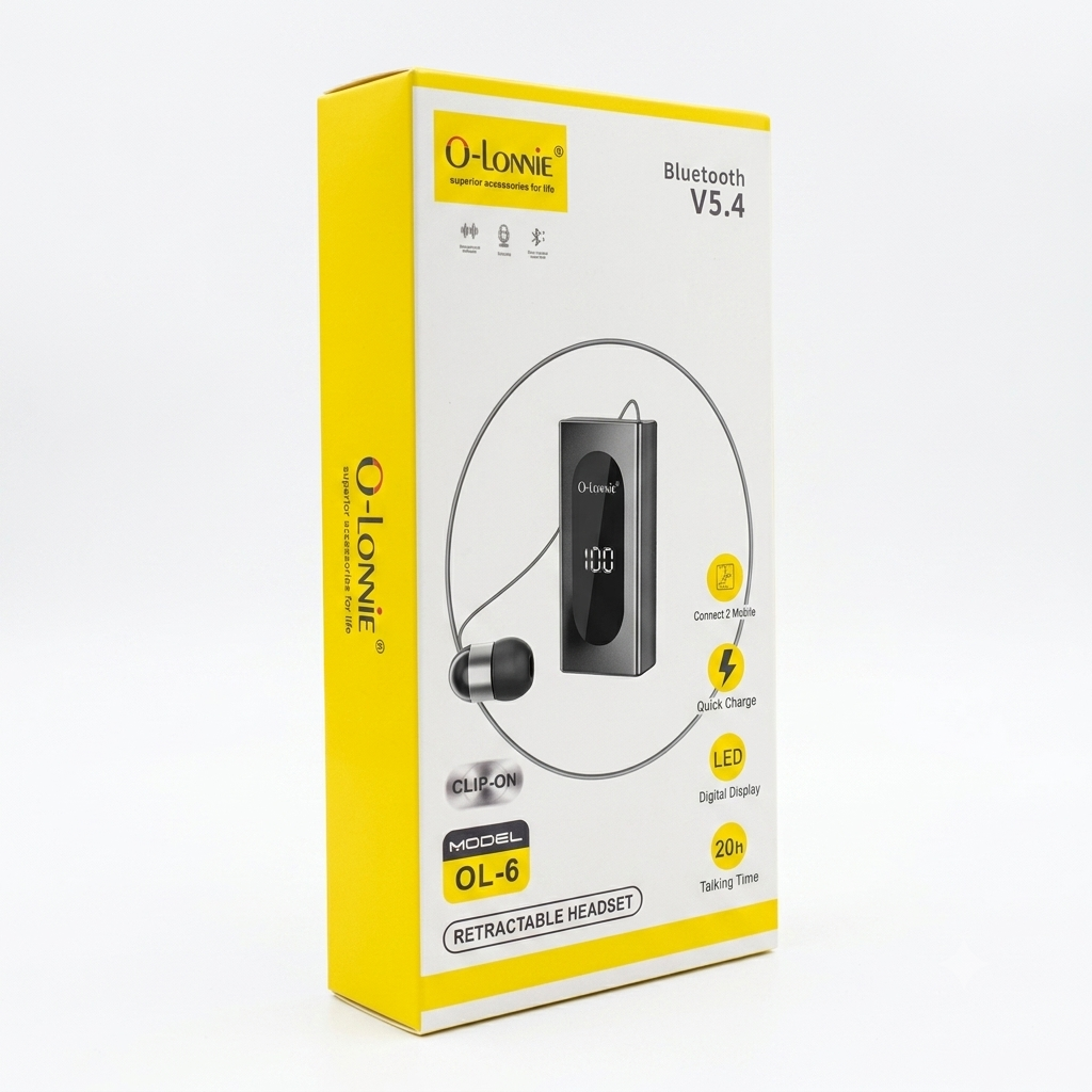 O-LONNIE OL-6 Retractable Bluetooth 5.4 Headset - Wireless Clip-On Business Earphone, Smart LED Display, 20-Hour Talk Time