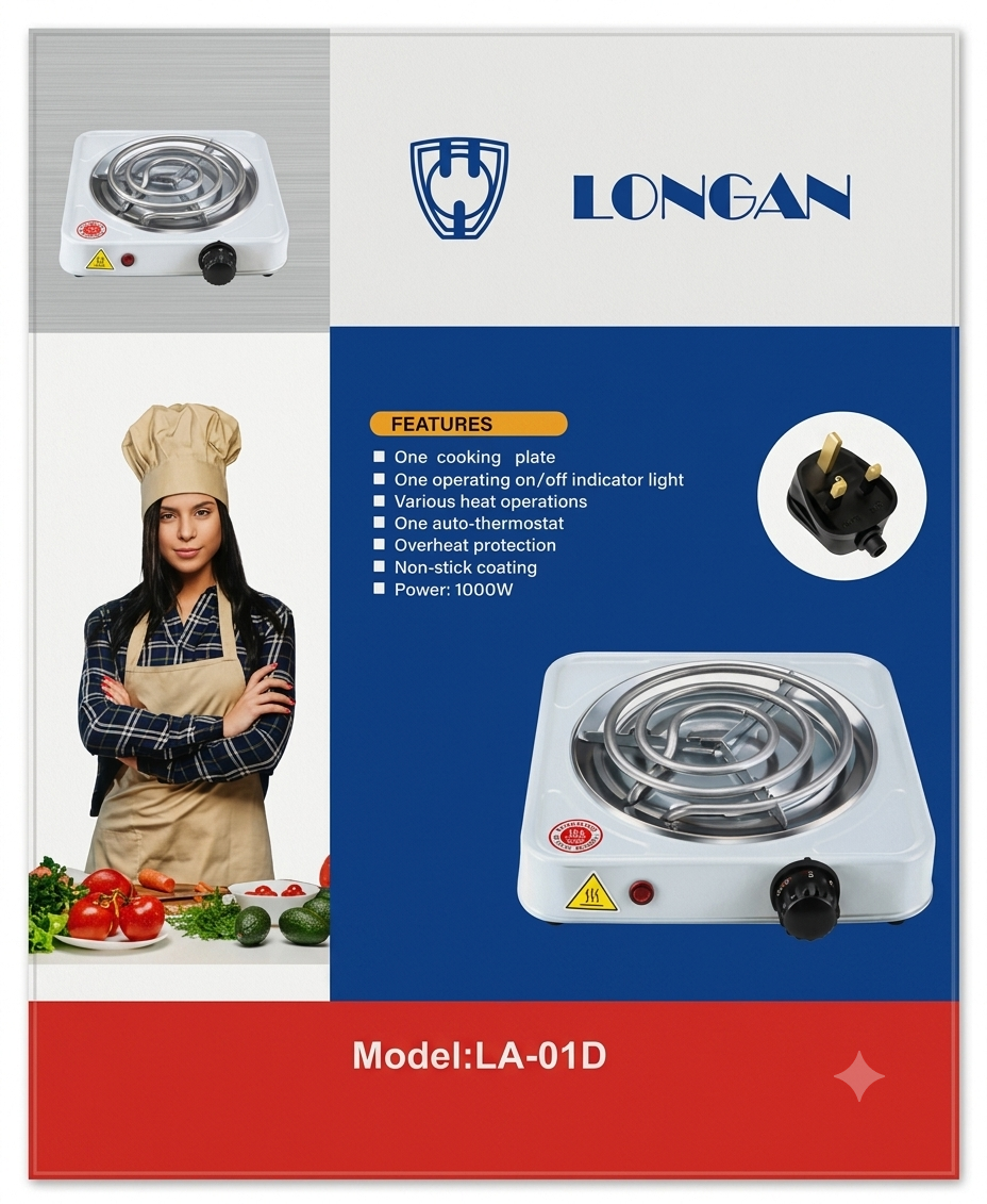 LONGAN Single Electric Hot Plate 1000W – Fast Heating Countertop Cooker with Auto-Thermostat (LA-01D)