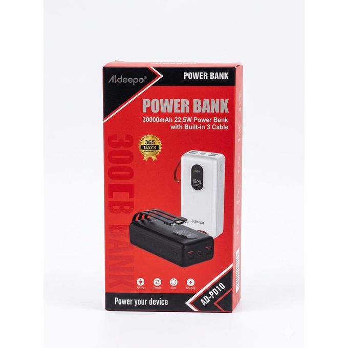 Aldeepo AD-PD10 30000mAh Power Bank – 22.5W Fast Charging Portable Charger with Built-in 3 Cables, LED Display