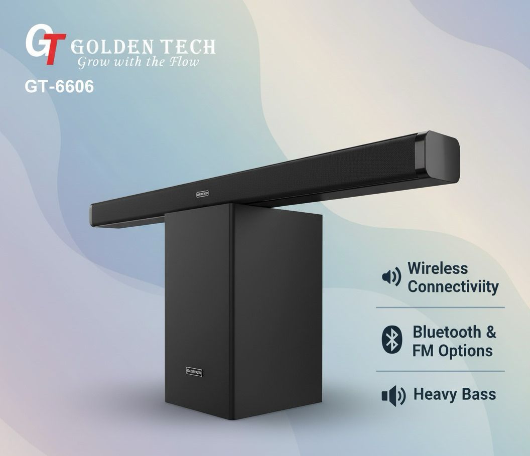 Golden Tech GT-6606 Wireless Bluetooth Soundbar Speaker System with Subwoofer - Heavy Bass, FM Radio, TV Home Theater System