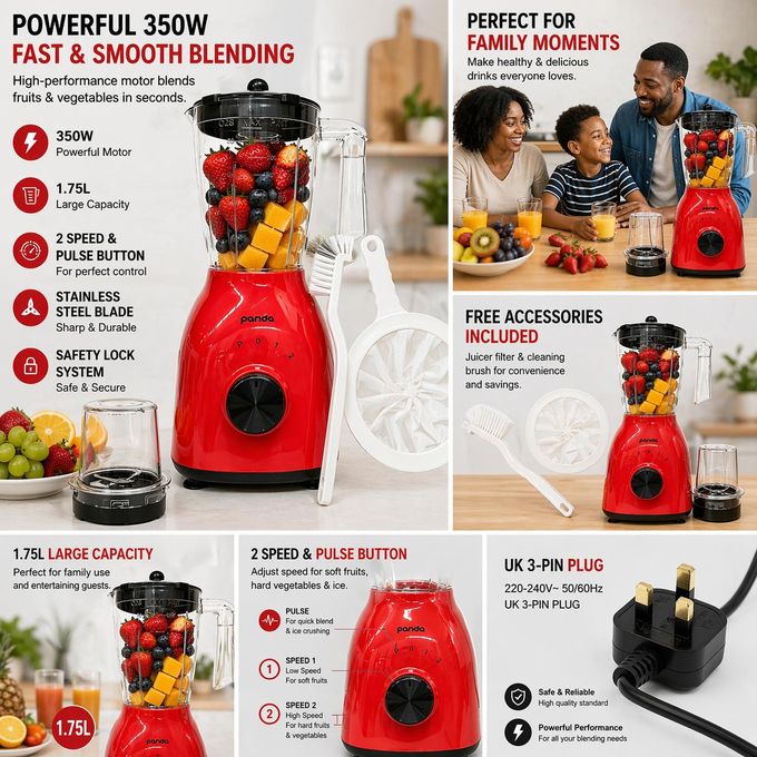Panda 2-in-1 Electric Blender & Grinder - 1.75L Capacity, 350W Motor with Overheat Protection & Pulse Control (Model: PD-B201)