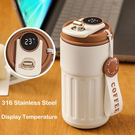 Thermal Coffee Cup Portable Insulated Travel Flask Tumbler with Temperature Sensor Lid – 450ml Double-Wall Stainless Steel Vacuum Insulated Mug with LED Temp Display & Strap