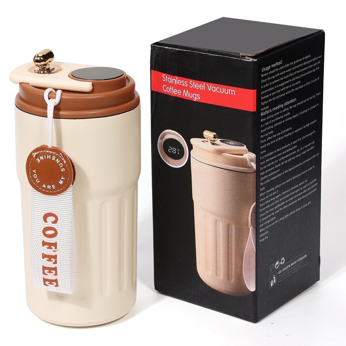 Thermal Coffee Cup Portable Insulated Travel Flask Tumbler with Temperature Sensor Lid – 450ml Double-Wall Stainless Steel Vacuum Insulated Mug with LED Temp Display & Strap