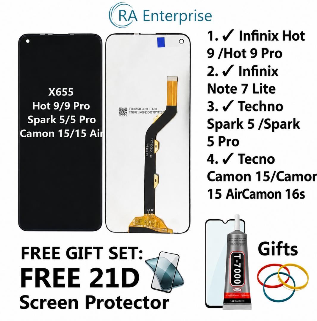 infinix hot9, tecno spark 5 screen, infinix note 7screen,techno camon 15 screen replacement LCD+touch.BEST Quality!with free 50Ml T-7000 adhesive glue for attachment and 3 rubber bands