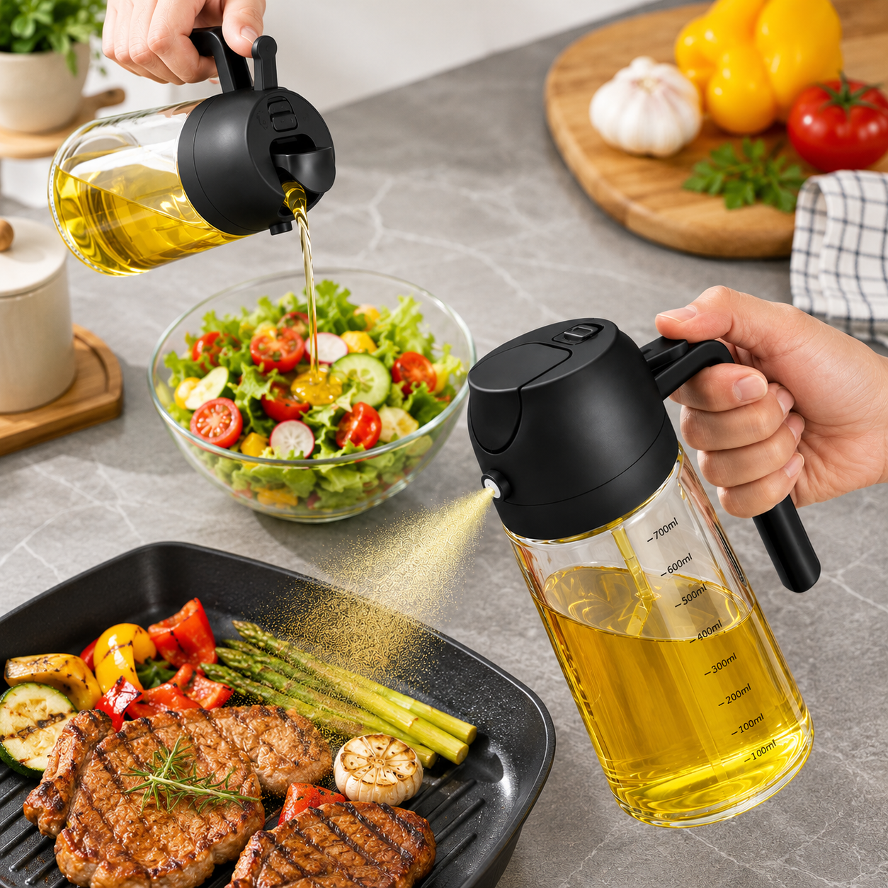 Brand New 2-in-1 Oil Dispenser | Sprayer & Pourer – Smart Kitchen Cooking Oil Dispenser for Grilling, Frying, Baking & Salads.