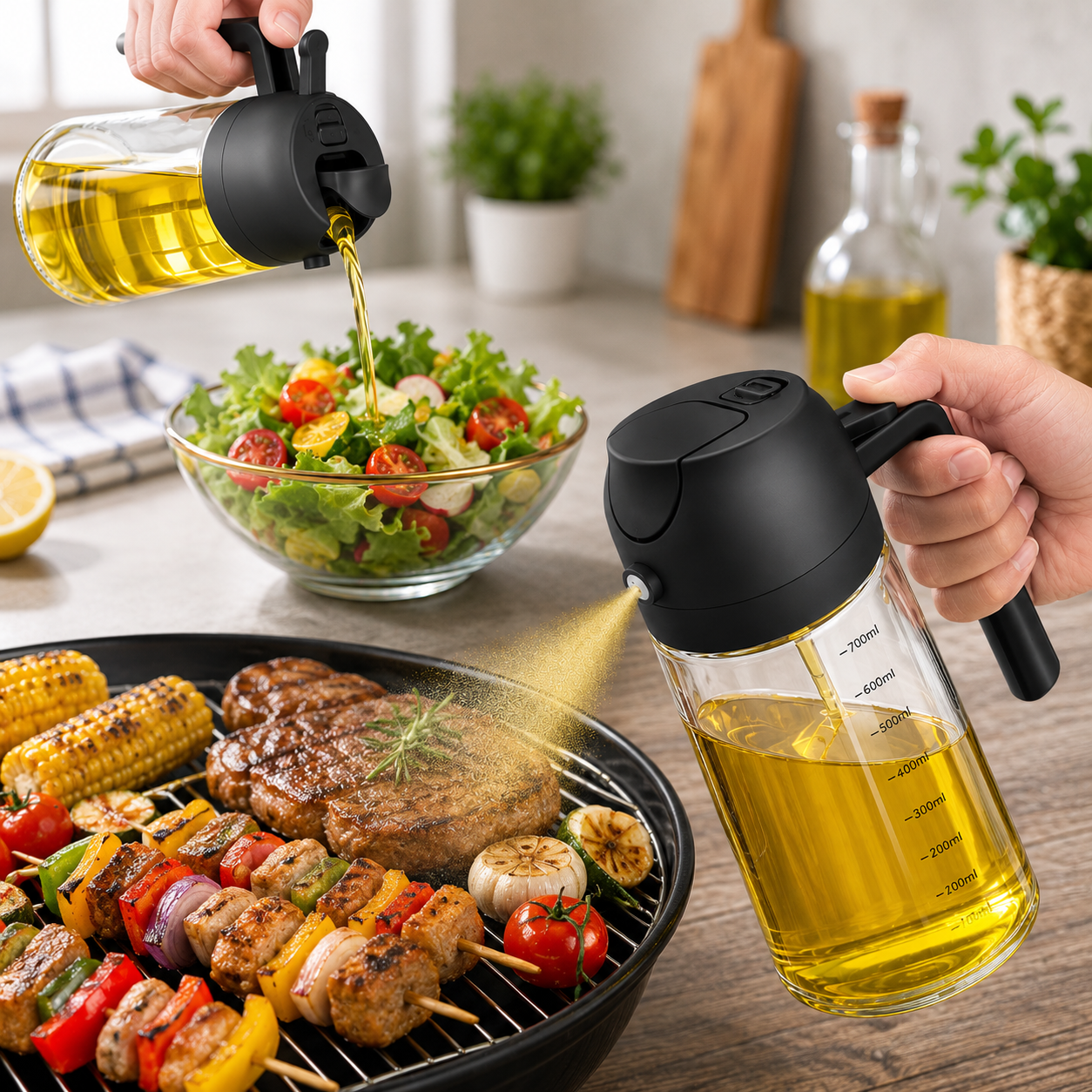 Brand New 2-in-1 Oil Dispenser | Sprayer & Pourer – Smart Kitchen Cooking Oil Dispenser for Grilling, Frying, Baking & Salads.