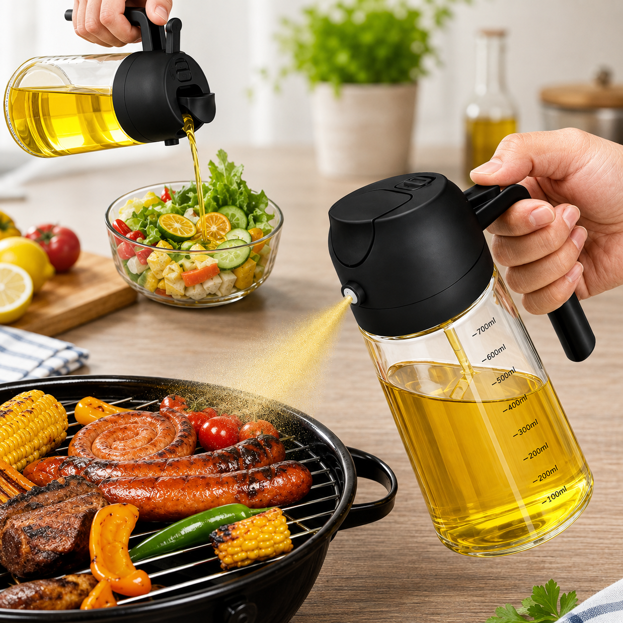 Brand New 2-in-1 Oil Dispenser | Sprayer & Pourer – Smart Kitchen Cooking Oil Dispenser for Grilling, Frying, Baking & Salads.