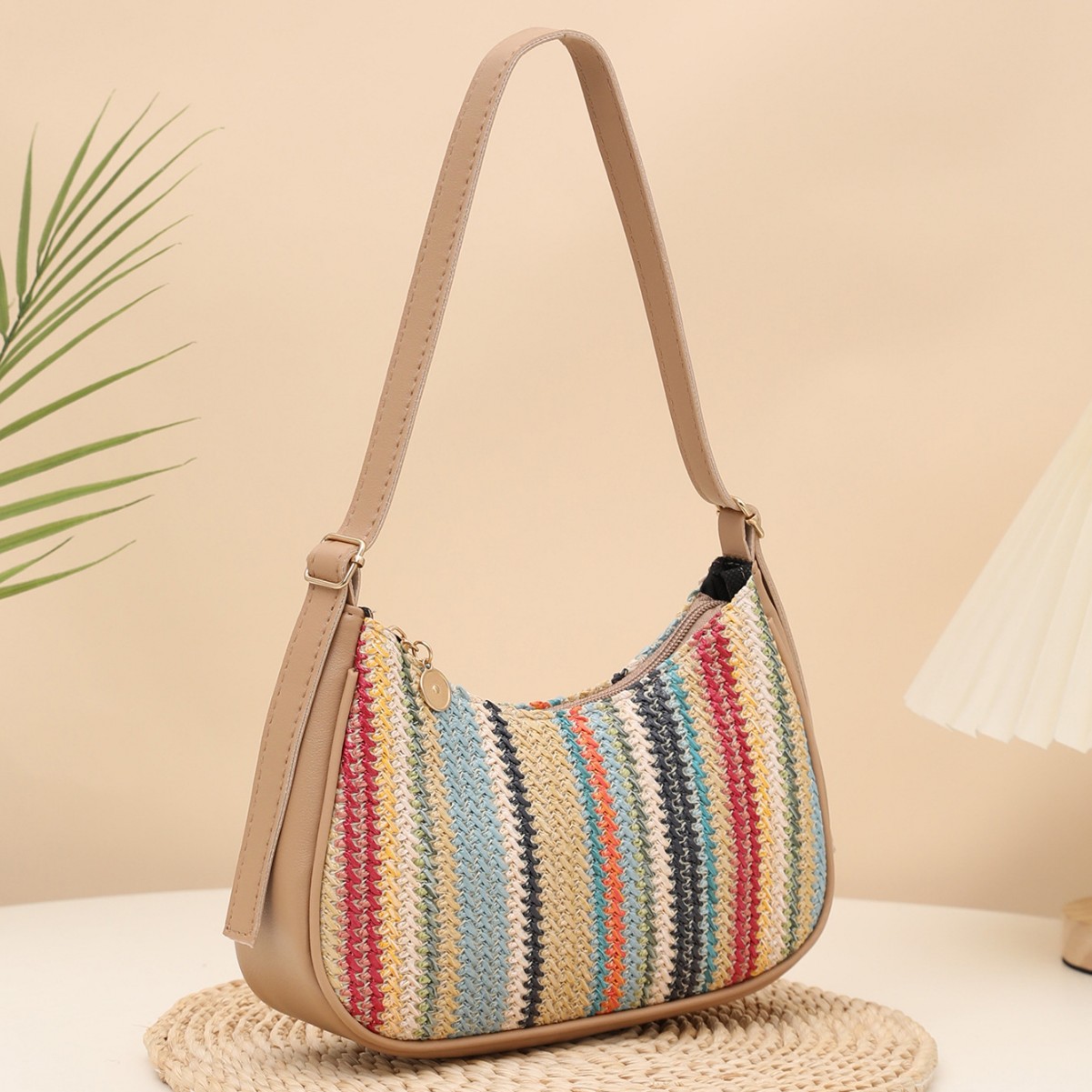 Woven straw bag for women, denim rainbow single-shoulder underarm crossbody bag