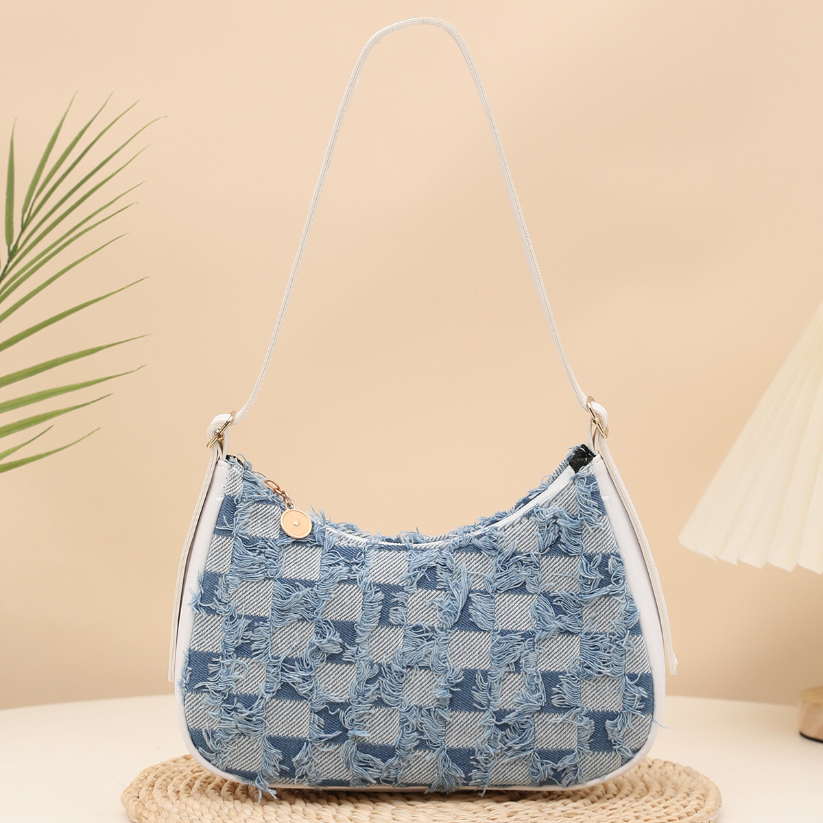 Woven straw bag for women, denim rainbow single-shoulder underarm crossbody bag