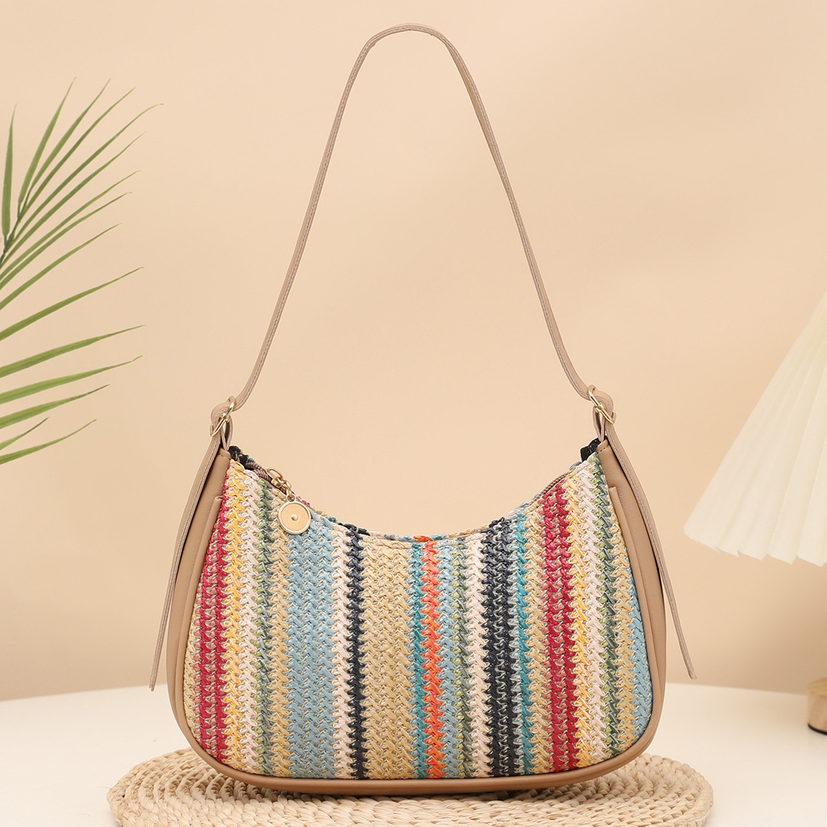 Woven straw bag for women, denim rainbow single-shoulder underarm crossbody bag